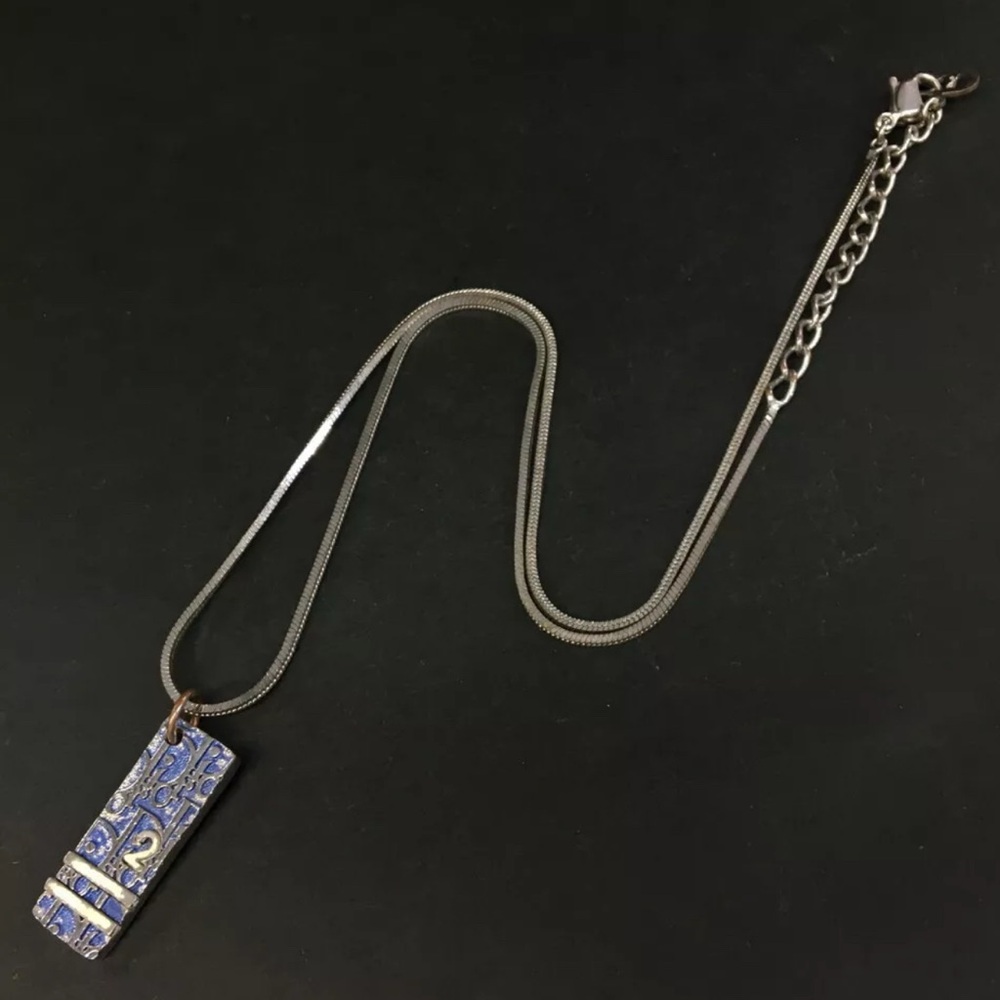 Authentic Christian Dior Trotter Oblique Silver Tone Pendant Necklace
